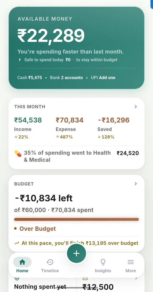 Screenshot of Dova's Home screen, showing available money and this month's income, expense, and budget at a glance.