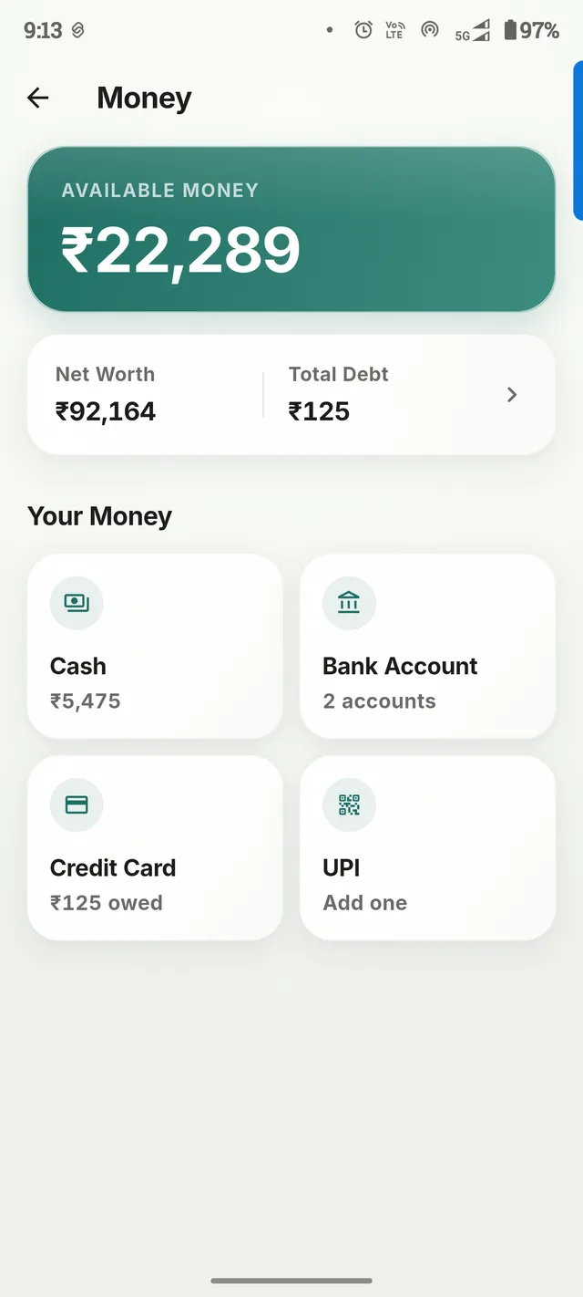 Screenshot of Dova's Money screen, showing Net Worth, Total Debt, and every account in one place.