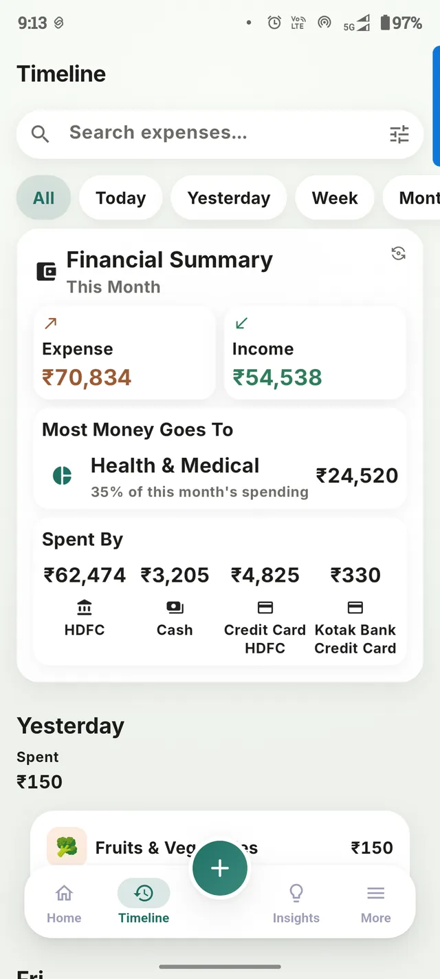 Screenshot of Dova's Timeline screen, showing a financial summary and a searchable transaction list.